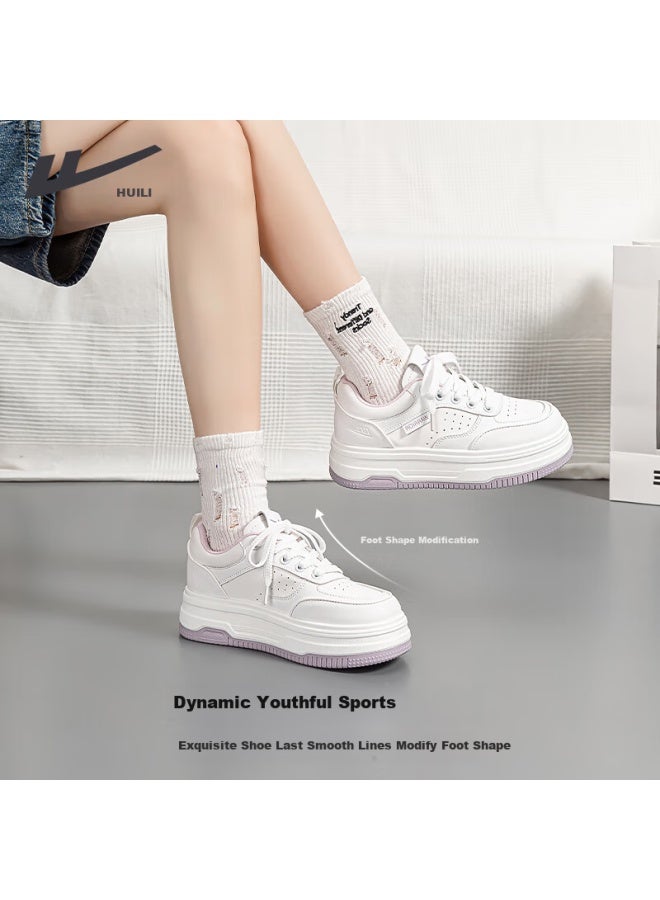 Pull Back Huangli Women's Spring And Summer Comfortable Breathable White Shoes With Thick Soles Increase Casual Sports Shoes White Purple Size 39 - Image 2