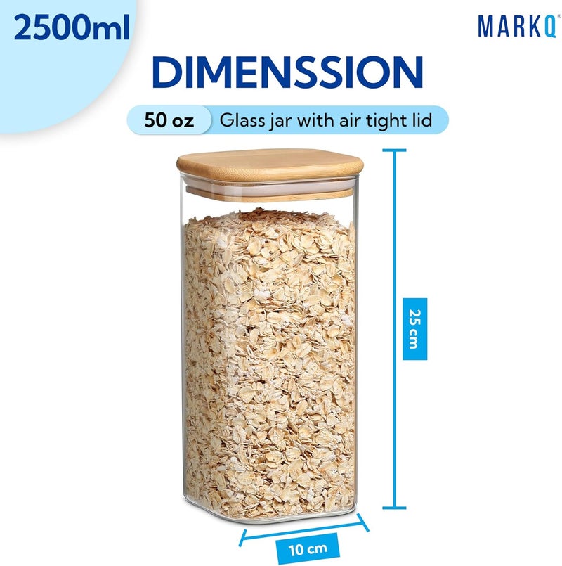 MARKQ برطمان تخزين زجاجي بغطاء من الخيزران، 2500 مل، 10x25 سم – حاوية كبيرة محكمة الإغلاق لتخزين الأرز، الدقيق، الحبوب، البقوليات، الفواكه المجففة والوجبات الخفيفة، عبوة من 2 - Image 2