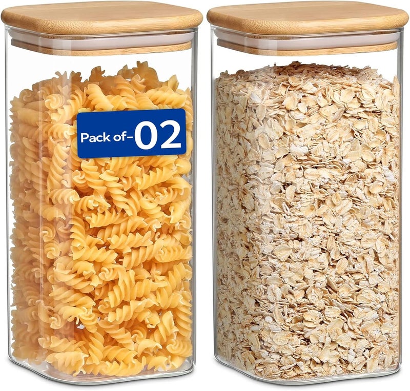 MARKQ برطمان تخزين زجاجي بغطاء من الخيزران، 2500 مل، 10x25 سم – حاوية كبيرة محكمة الإغلاق لتخزين الأرز، الدقيق، الحبوب، البقوليات، الفواكه المجففة والوجبات الخفيفة، عبوة من 2 - Image 1