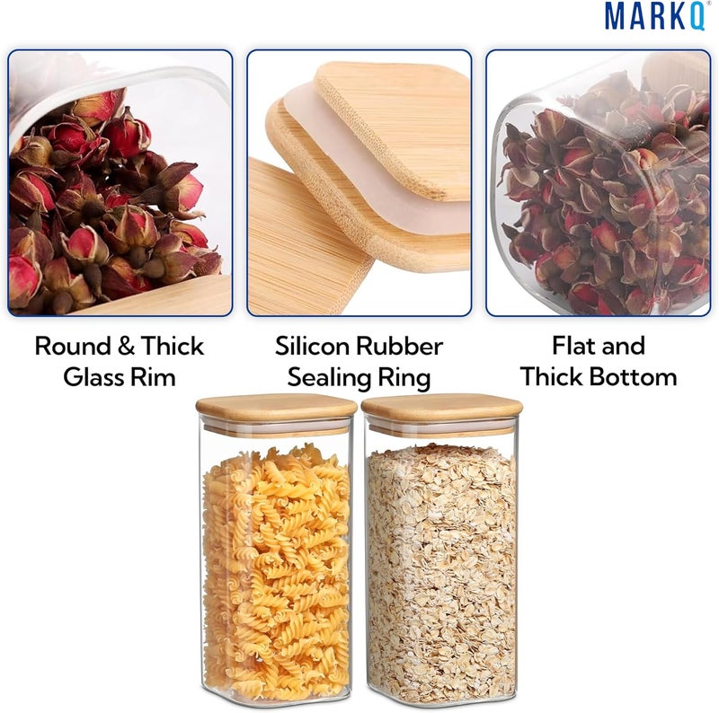 MARKQ برطمان تخزين زجاجي بغطاء من الخيزران، 2500 مل، 10x25 سم – حاوية كبيرة محكمة الإغلاق لتخزين الأرز، الدقيق، الحبوب، البقوليات، الفواكه المجففة والوجبات الخفيفة، عبوة من 2 - Image 3