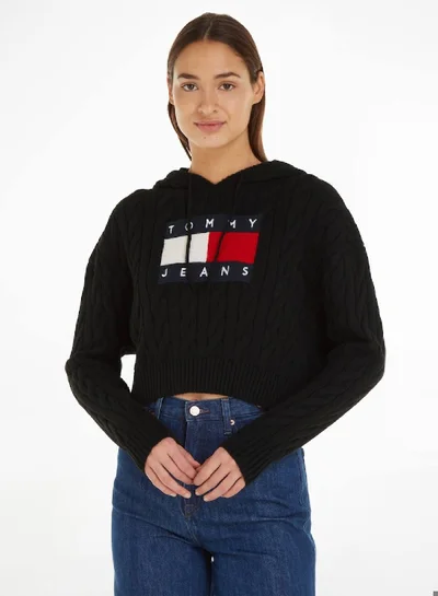 TOMMY JEANS Cropped Cable Knit Flag Badge Hoody