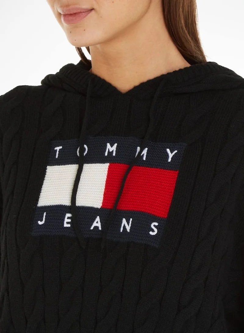 TOMMY JEANS Cropped Cable Knit Flag Badge Hoody