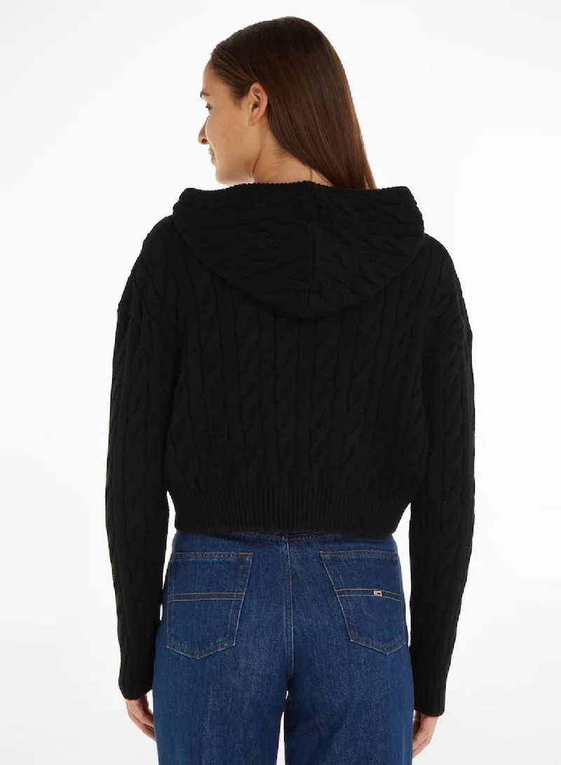 TOMMY JEANS Cropped Cable Knit Flag Badge Hoody