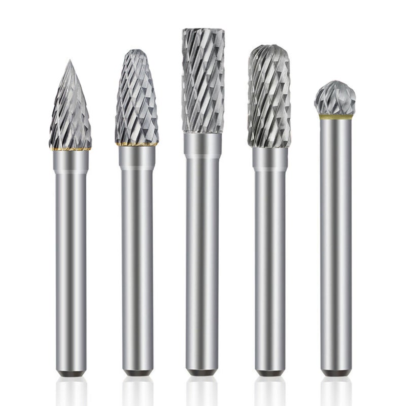 Carbide Burrs 5Pcs Double Cut Solid Carbide Rotary Burr Set - Heat-Treated Carbide Technology Ensures Strong Pointed Features Quick Cut Burrs for Woodworking Metal Engraving DIY Precision Cutting - Image 1