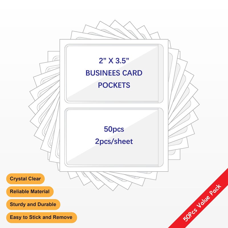 IMAGAME Clear Adhesive Business Card Pocket swith Side Open for Loading, 50 Pack, Plastic Labels Holders for Storage Bins and Library Card, Ideal for Organizing and Protecting Your Business Cards - Image 2