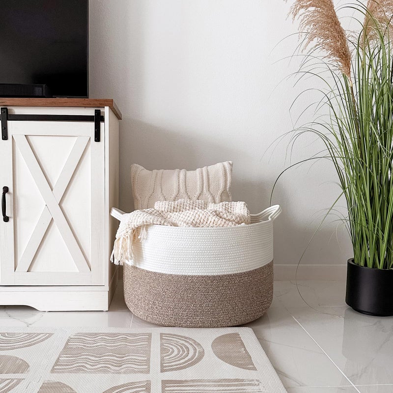 INDRESSME XXXLarge Cotton Rope Basket 21.7" x 21.7" x 13.8" Woven Baby Laundry Blanket Baskets Toy Burr Basket with Handle Storage Comforter Cushions for Christmas Thread Laundry Hamper - Image 5