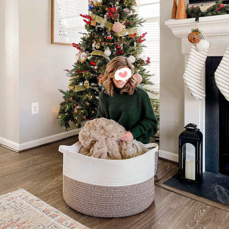 INDRESSME XXXLarge Cotton Rope Basket 21.7" x 21.7" x 13.8" Woven Baby Laundry Blanket Baskets Toy Burr Basket with Handle Storage Comforter Cushions for Christmas Thread Laundry Hamper - Image 2