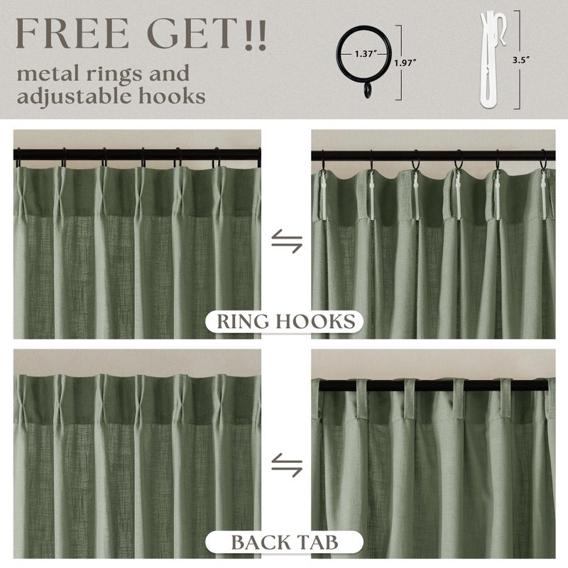 TWODRAPES Green Linen Semi Sheer Curtains 90 Inches Long for Living Room Bedroom Light Filtering Sage Green Textured Burlap Pinch Pleated Curtains 90 Length Hooks Rings Back Tab for Sliding Door 2 Panels - Image 5