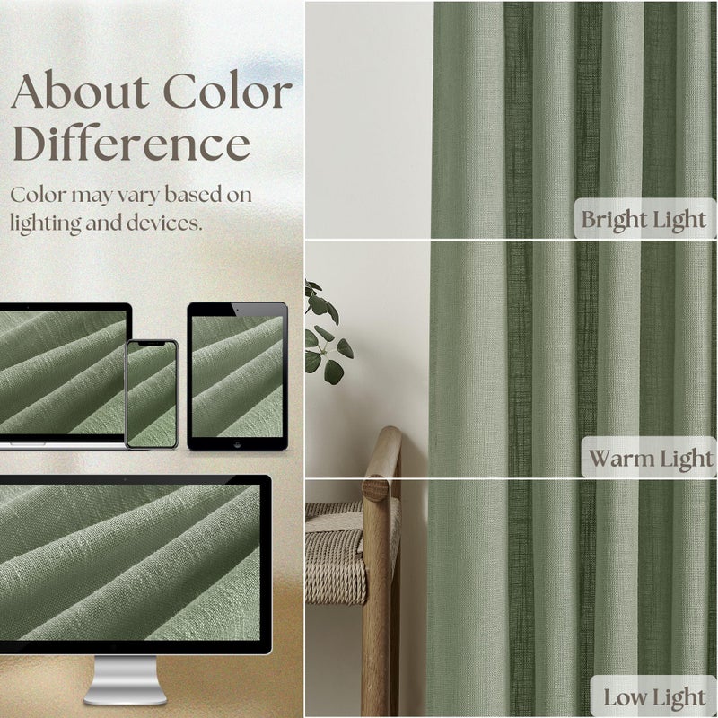 TWODRAPES Green Linen Semi Sheer Curtains 90 Inches Long for Living Room Bedroom Light Filtering Sage Green Textured Burlap Pinch Pleated Curtains 90 Length Hooks Rings Back Tab for Sliding Door 2 Panels - Image 4