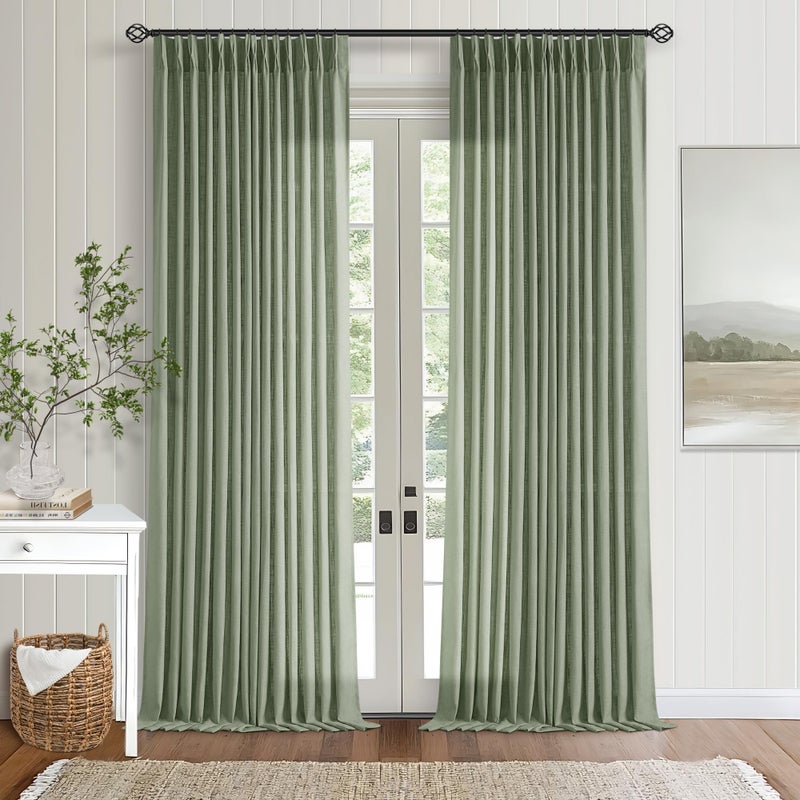 TWODRAPES Green Linen Semi Sheer Curtains 90 Inches Long for Living Room Bedroom Light Filtering Sage Green Textured Burlap Pinch Pleated Curtains 90 Length Hooks Rings Back Tab for Sliding Door 2 Panels - Image 1