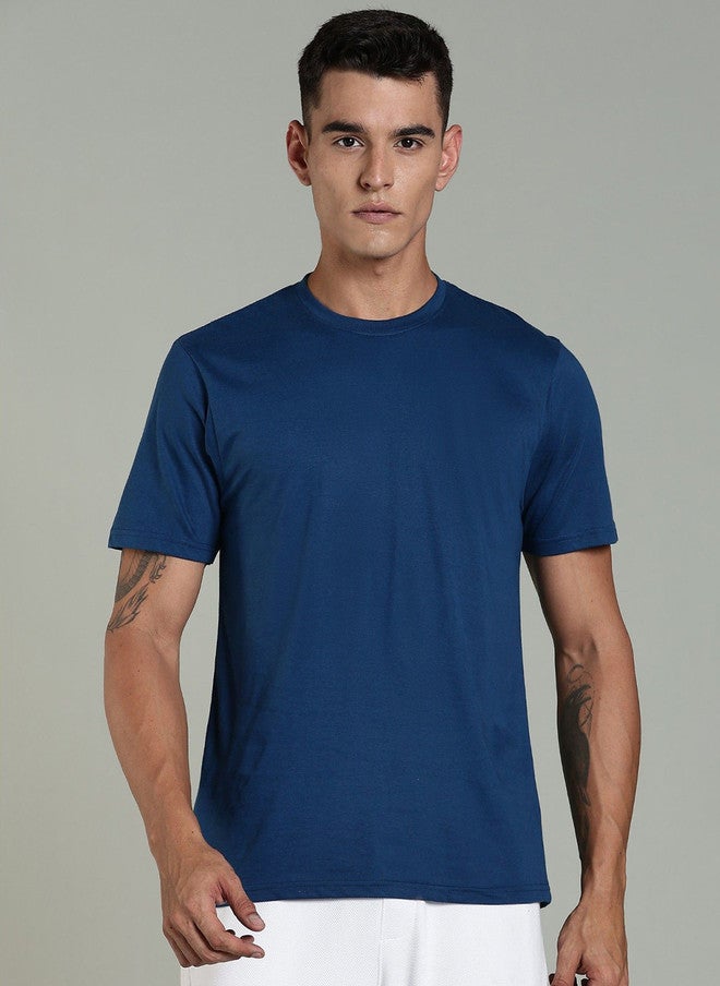 OUTLAWS Men's Solid Round Neck Cotton T-shirt in Blue Color Lock Technology | No Shrinkage | Soft & Breathable Casual Wear - Image 1