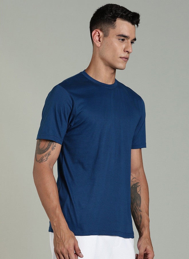 OUTLAWS Men's Solid Round Neck Cotton T-shirt in Blue Color Lock Technology | No Shrinkage | Soft & Breathable Casual Wear - Image 4