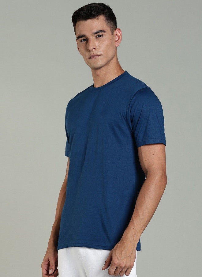OUTLAWS Men's Solid Round Neck Cotton T-shirt in Blue Color Lock Technology | No Shrinkage | Soft & Breathable Casual Wear - Image 3