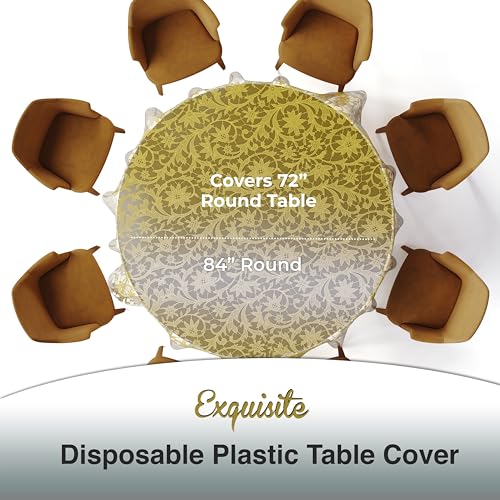 Exquisite غطاء طاولة دائري من الدانتيل الفاخر بلاستيك 12 حزمة غطاء طاولة دائري 84" | غطاء طاولة شفاف وذهبي مزخرف | زينة حفلات وزينة حفلات زهور برية - Image 3