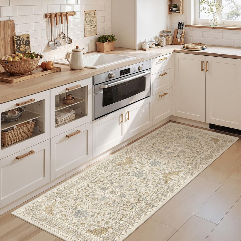 Madane Washable Runner Rug - 2X6 Rug Runners For Hallways 6 Foot Non Slip Vintage Kitchen Runner Rug Ultra-Thin Bathroom Runner Rugs Carpet Laundry Room Bedroom (2X6Ft  Beige/Blue) - Image 3