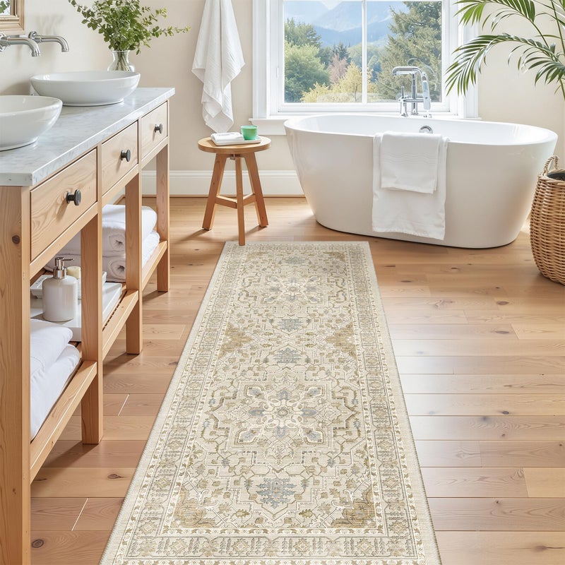 Madane Washable Runner Rug - 2X6 Rug Runners For Hallways 6 Foot Non Slip Vintage Kitchen Runner Rug Ultra-Thin Bathroom Runner Rugs Carpet Laundry Room Bedroom (2X6Ft  Beige/Blue) - Image 2