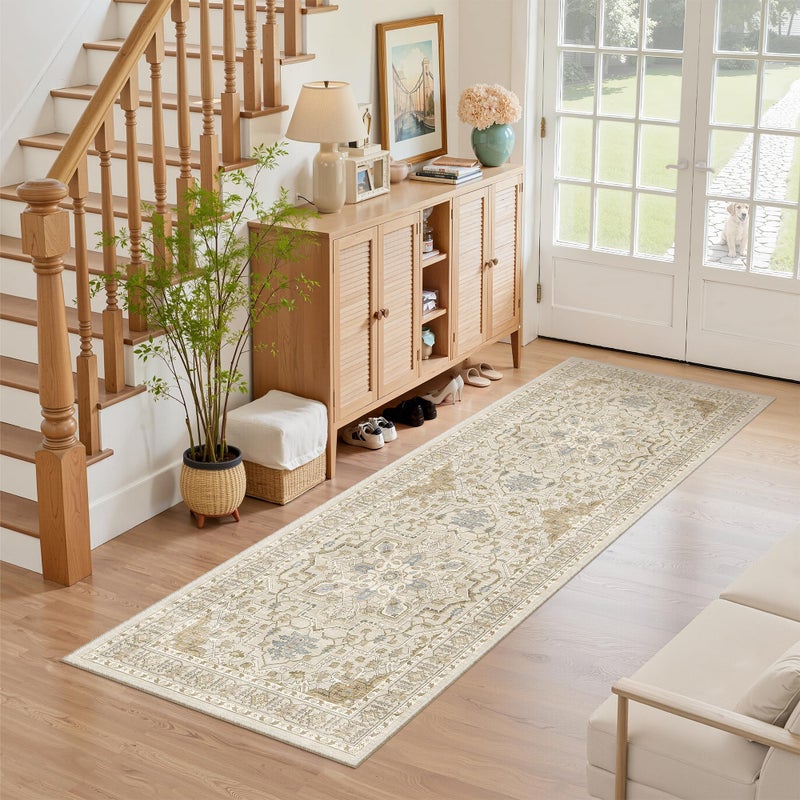 Madane Washable Runner Rug - 2X6 Rug Runners For Hallways 6 Foot Non Slip Vintage Kitchen Runner Rug Ultra-Thin Bathroom Runner Rugs Carpet Laundry Room Bedroom (2X6Ft  Beige/Blue) - Image 1