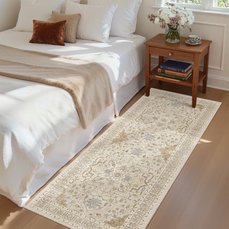 Madane Washable Runner Rug - 2X6 Rug Runners For Hallways 6 Foot Non Slip Vintage Kitchen Runner Rug Ultra-Thin Bathroom Runner Rugs Carpet Laundry Room Bedroom (2X6Ft  Beige/Blue) - Image 4