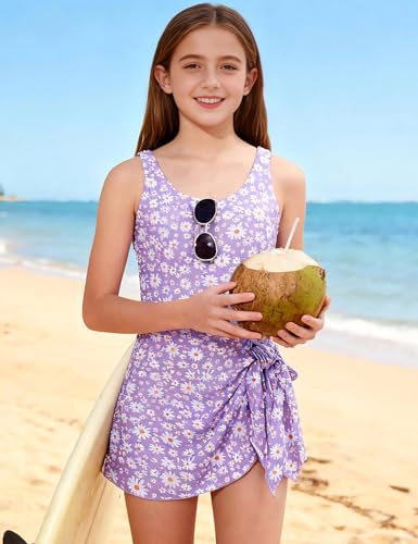 Cuddomper Girl Swimsuit Purple One Piece Swim Dress Daisy Floral Adjustable Straps Bathing Suit with Pad Vacation Beach Modest Swimwear Size 11-12 - Image 3