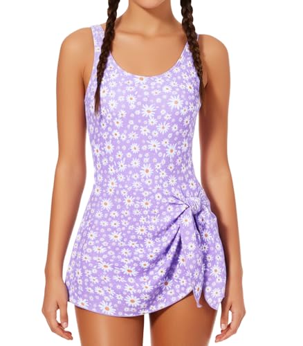 Cuddomper Girl Swimsuit Purple One Piece Swim Dress Daisy Floral Adjustable Straps Bathing Suit with Pad Vacation Beach Modest Swimwear Size 11-12 - Image 4