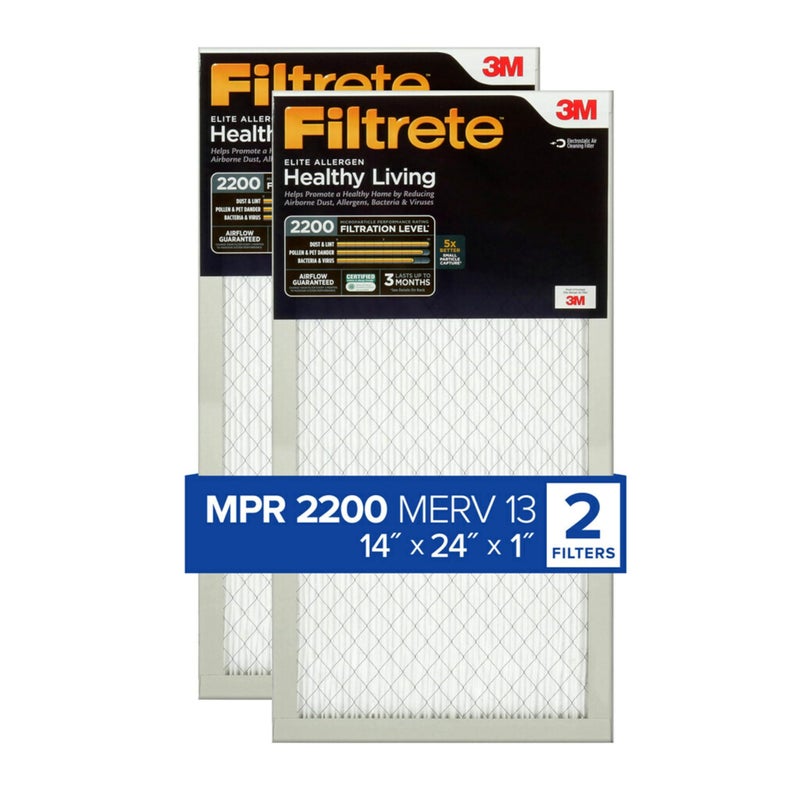 Filtrete 14x24x1 AC Furnace Air Filter MERV 13 MPR 2200 Elite Allergen Bacteria Virus Filter 3Month Pleated 1Inch Electrostatic Air Cleaning Filter 2Pack Actual Size 14375x2384x0783 in