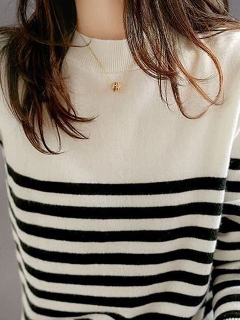 YUNIQEE Off White Cotton Striped Long Sleeves V-Neck Sweaters - Image 3