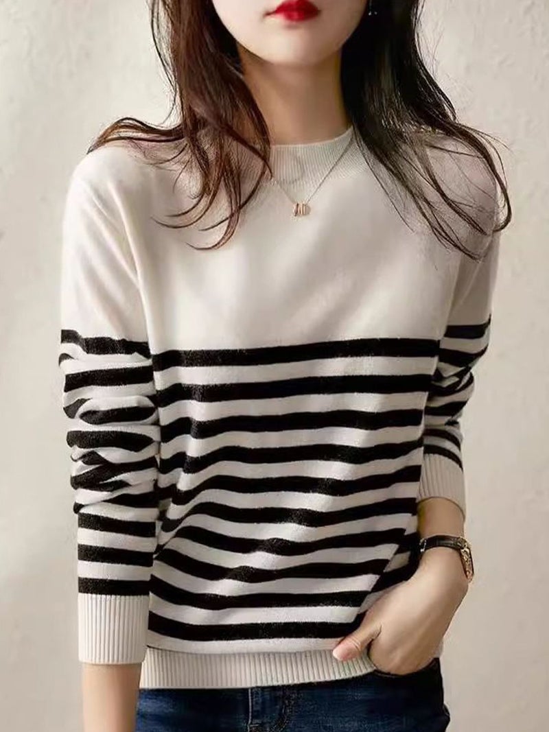 YUNIQEE Off White Cotton Striped Long Sleeves V-Neck Sweaters - Image 2