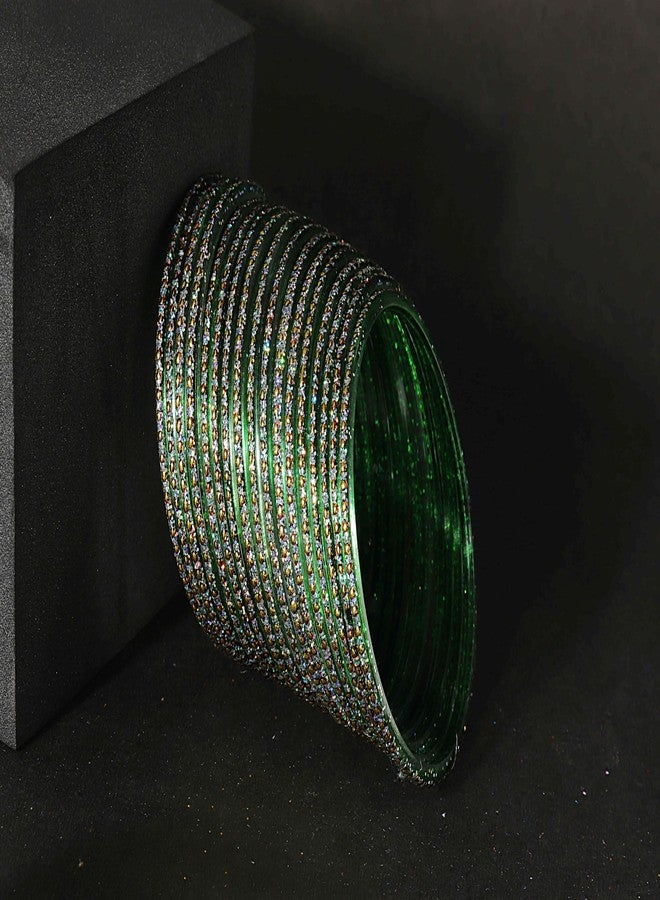 NMII Glass with Polka Dots & Glitter Stylish Fancy Bangles Set For Women & Girls | Glass Bangles | Traditional Women Bangles | Plain Glass Bangles | Churi set | -(F181-Momos-Green-2.6) - Image 5