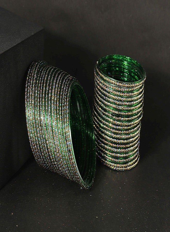 NMII Glass with Polka Dots & Glitter Stylish Fancy Bangles Set For Women & Girls | Glass Bangles | Traditional Women Bangles | Plain Glass Bangles | Churi set | -(F181-Momos-Green-2.6) - Image 4