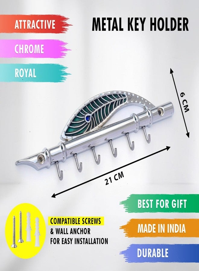 Indeed Antique Lord Krishna Key Holder & Hanger, Flute Key Stand with Peacock Quills & Royal Art Brass 6 Hook Wall Mount, Home Decor Gift (CROME) - Image 2
