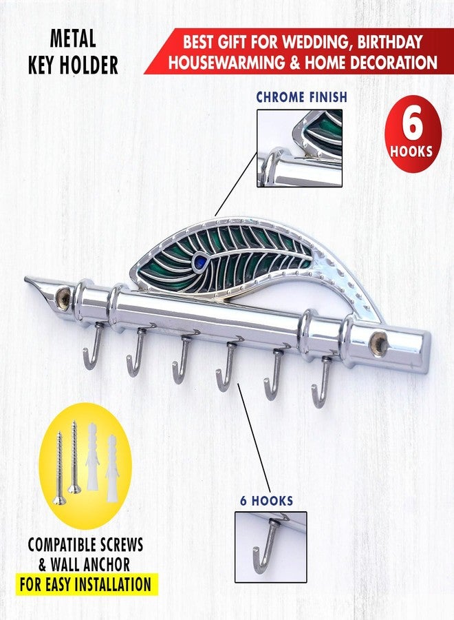 Indeed Antique Lord Krishna Key Holder & Hanger, Flute Key Stand with Peacock Quills & Royal Art Brass 6 Hook Wall Mount, Home Decor Gift (CROME) - Image 3