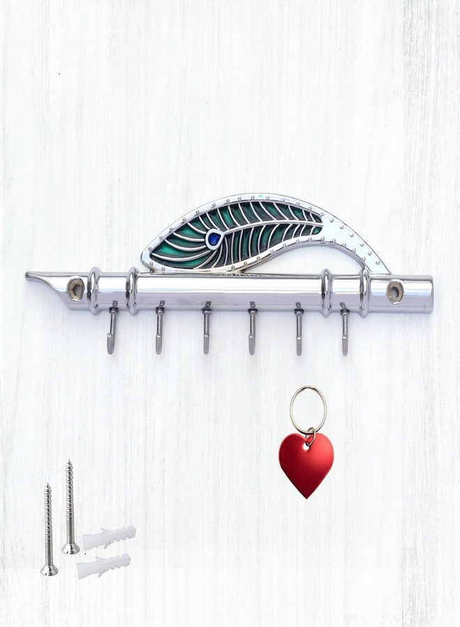 Indeed Antique Lord Krishna Key Holder & Hanger, Flute Key Stand with Peacock Quills & Royal Art Brass 6 Hook Wall Mount, Home Decor Gift (CROME) - Image 1