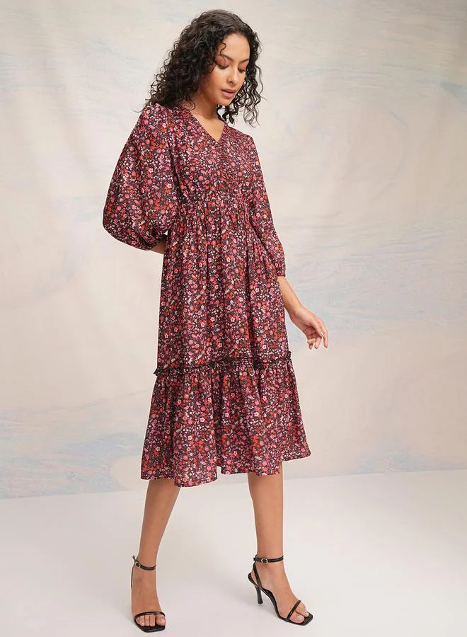 Tokyo Talkies Tokyo Talkies Floral Print Puff Sleeve A-Line Midi Dress