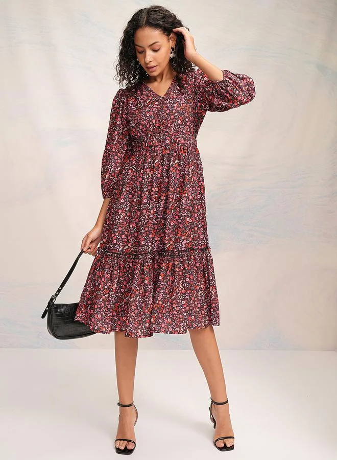 Tokyo Talkies Tokyo Talkies Floral Print Puff Sleeve A-Line Midi Dress
