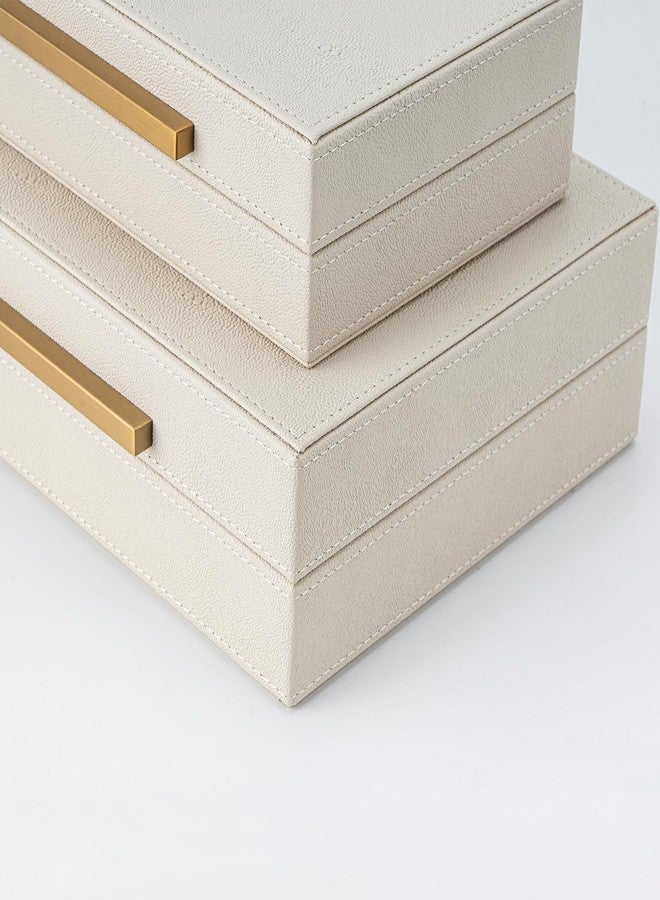 XIGEXIGE Faux Leather Large Modern Stackable Nesting Jewelry Box with Lids Organizer – Set of 2 Beige Shagreen Decorative Storage Boxes with Gold Metal Handles - Image 2