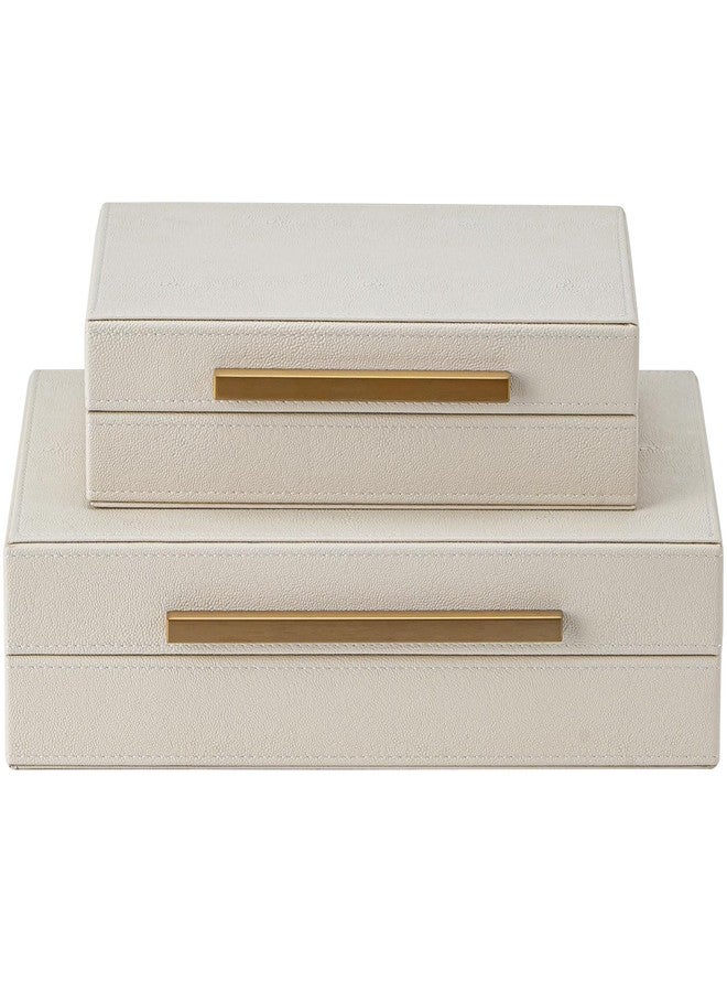 XIGEXIGE Faux Leather Large Modern Stackable Nesting Jewelry Box with Lids Organizer – Set of 2 Beige Shagreen Decorative Storage Boxes with Gold Metal Handles - Image 1