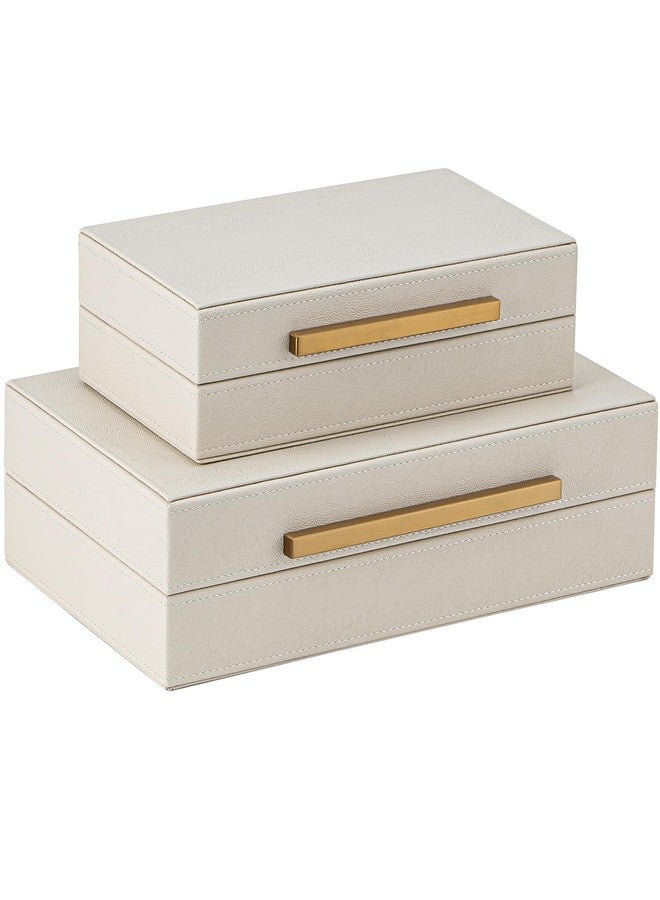 XIGEXIGE Faux Leather Large Modern Stackable Nesting Jewelry Box with Lids Organizer – Set of 2 Beige Shagreen Decorative Storage Boxes with Gold Metal Handles - Image 3