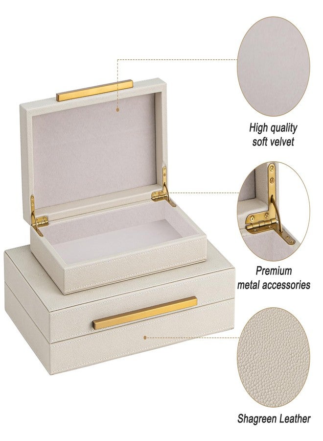XIGEXIGE Faux Leather Large Modern Stackable Nesting Jewelry Box with Lids Organizer – Set of 2 Beige Shagreen Decorative Storage Boxes with Gold Metal Handles - Image 5
