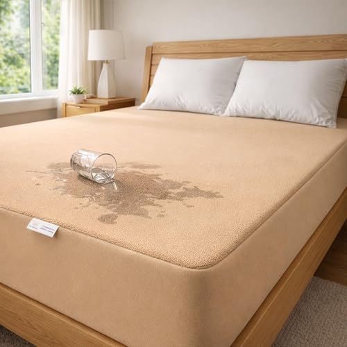 MY ARMOR Waterproof Mattress Protector King Size, 78x72, 6.5x6 feet, Double Bed Protector Sheet Cover, Breathable and Hypoallergenic Ultra Soft Fitted Terry Cotton Feel Fabric, Elastic Skirting, Beige - Image 1