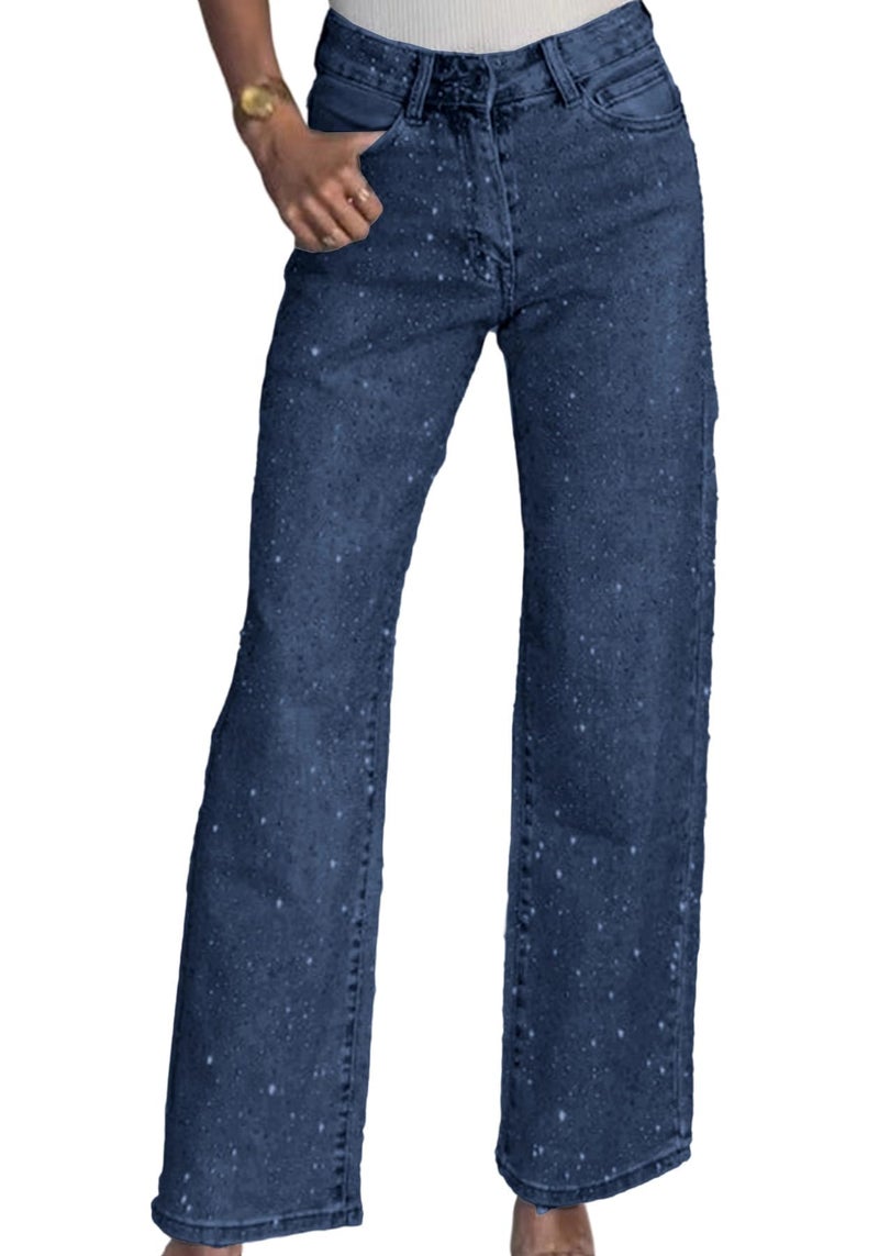 Unybwonn Women's Wide Leg Jeans High Waisted Strechy Rhinestone Zimbaplatinum Denim Pants Dark Blue - Image 1
