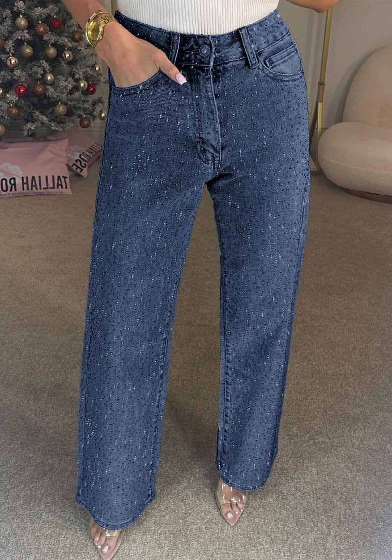 Unybwonn Women's Wide Leg Jeans High Waisted Strechy Rhinestone Zimbaplatinum Denim Pants Dark Blue - Image 5