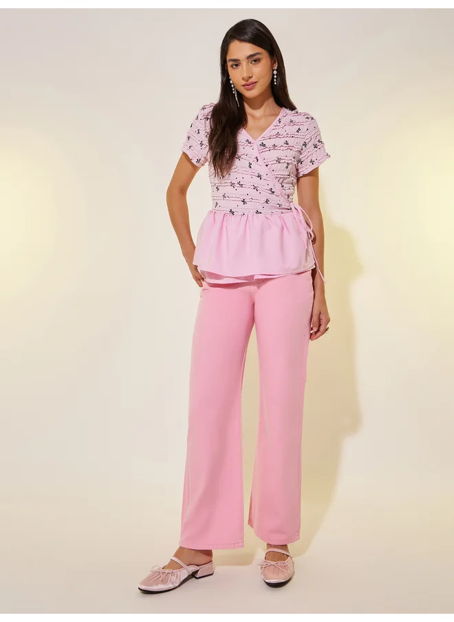 Take Two Take Two Texture Short Sleeve Wrap Top with Tie-Up Detail