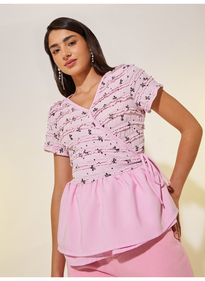 Take Two Take Two Texture Short Sleeve Wrap Top with Tie-Up Detail  - Image 3