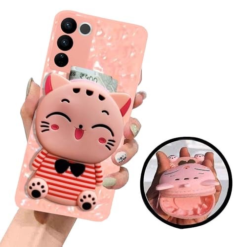 KC Back Cover for Vivo V27 5G & Vivo V27 Pro 5G, Cute Cartoon Lucky Cat Stripe Kitten with Purse Soft Bumper Silicone Shockproof Case (Pink) - Image 1