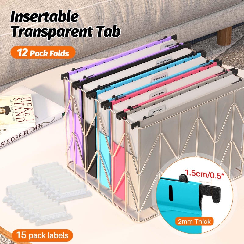 SHUTEX Extra Capacity Plastic Hanging File Folders,12 Pack Reinforced Expanding Hang Folder Letter Size,Accordian Pocket,Heavy Duty 2 Inch Expansion,Hanging Folder Organizer for Office Home,Assorted Colors - Image 5