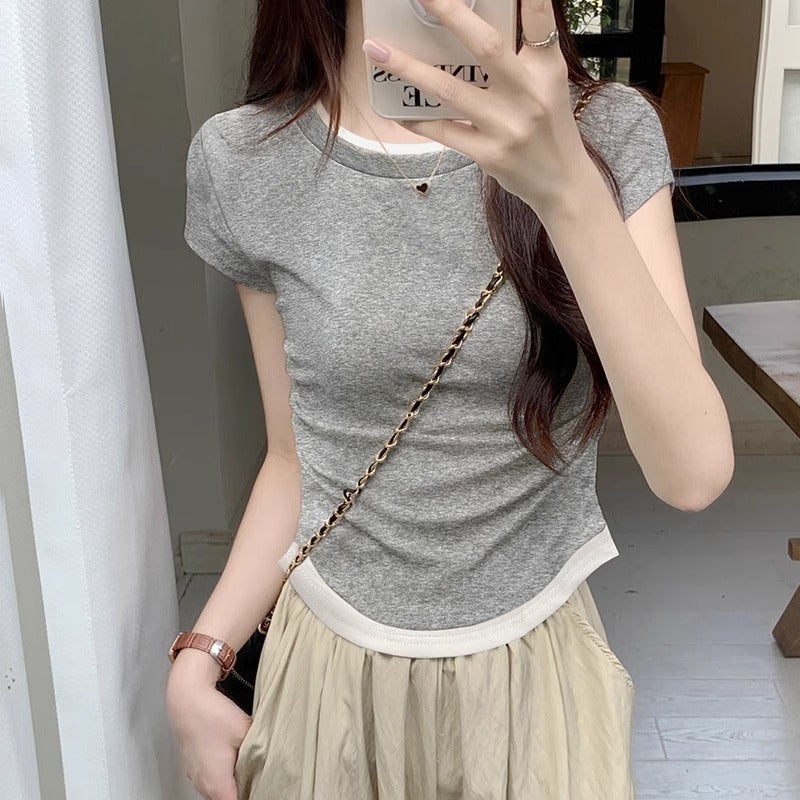 Slimming Shoulder Fake Two-Piece Contrast Color Round Neck Short-Sleeved T-Shirt Women'S Summer Irregular Pleated Waist Sweet And Spicy Small Top - Image 2