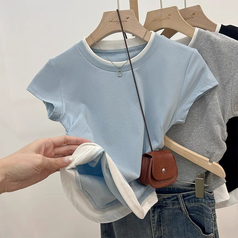 Slimming Shoulder Fake Two-Piece Contrast Color Round Neck Short-Sleeved T-Shirt Women'S Summer Irregular Pleated Waist Sweet And Spicy Small Top - Image 5
