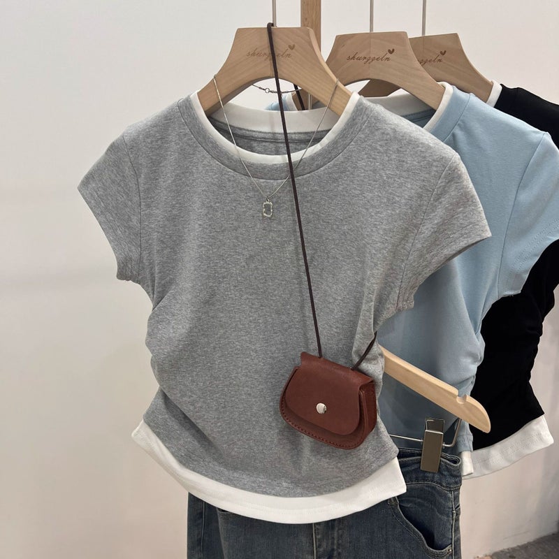 Slimming Shoulder Fake Two-Piece Contrast Color Round Neck Short-Sleeved T-Shirt Women'S Summer Irregular Pleated Waist Sweet And Spicy Small Top - Image 3