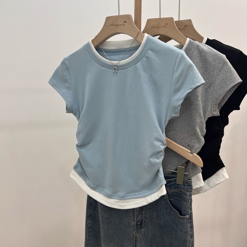 Slimming Shoulder Fake Two-Piece Contrast Color Round Neck Short-Sleeved T-Shirt Women'S Summer Irregular Pleated Waist Sweet And Spicy Small Top - Image 4