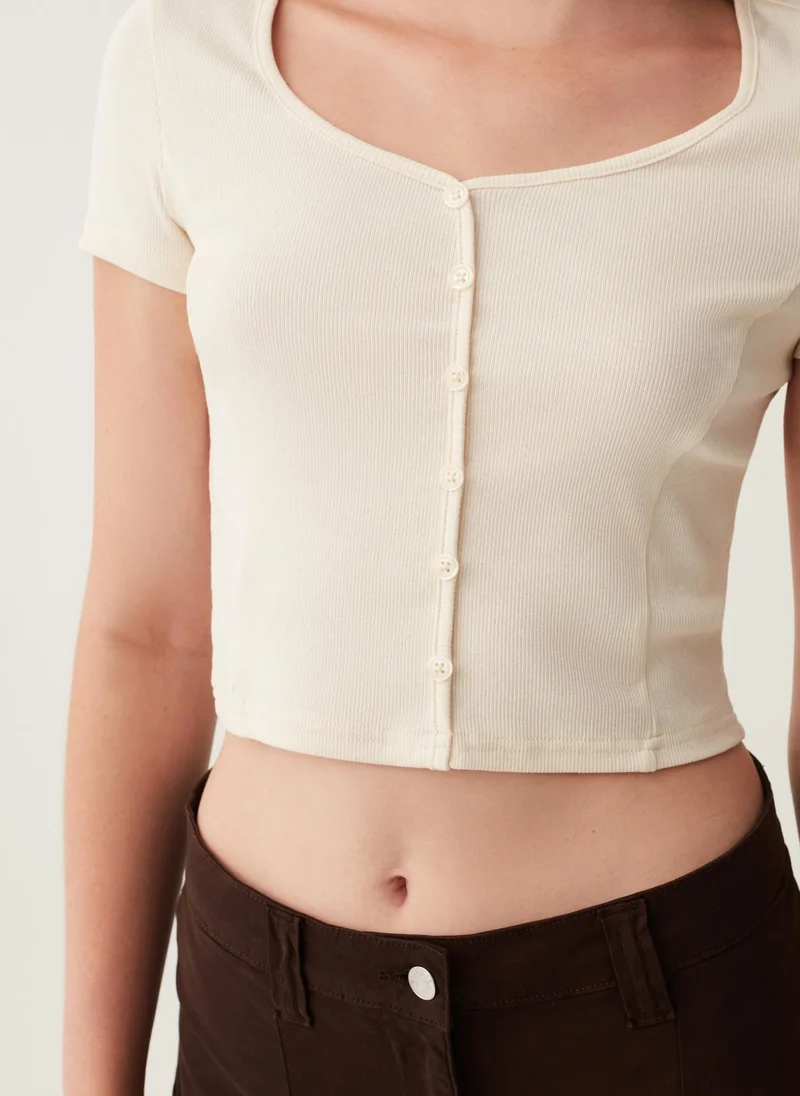 Ovs Ovs Ribbed Cropped T-Shirt With Granddad Neckline